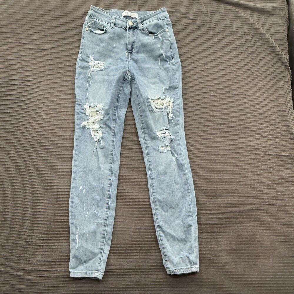 Judy Blue Jeans Women 1/25 Blue Cotton Mid‎ Rise Distressed Skinny Comfort.